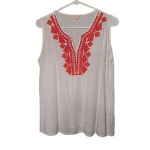 Solitaire White & Orange Embroidered Split Neck Sleeveless Blouse Top Size Large